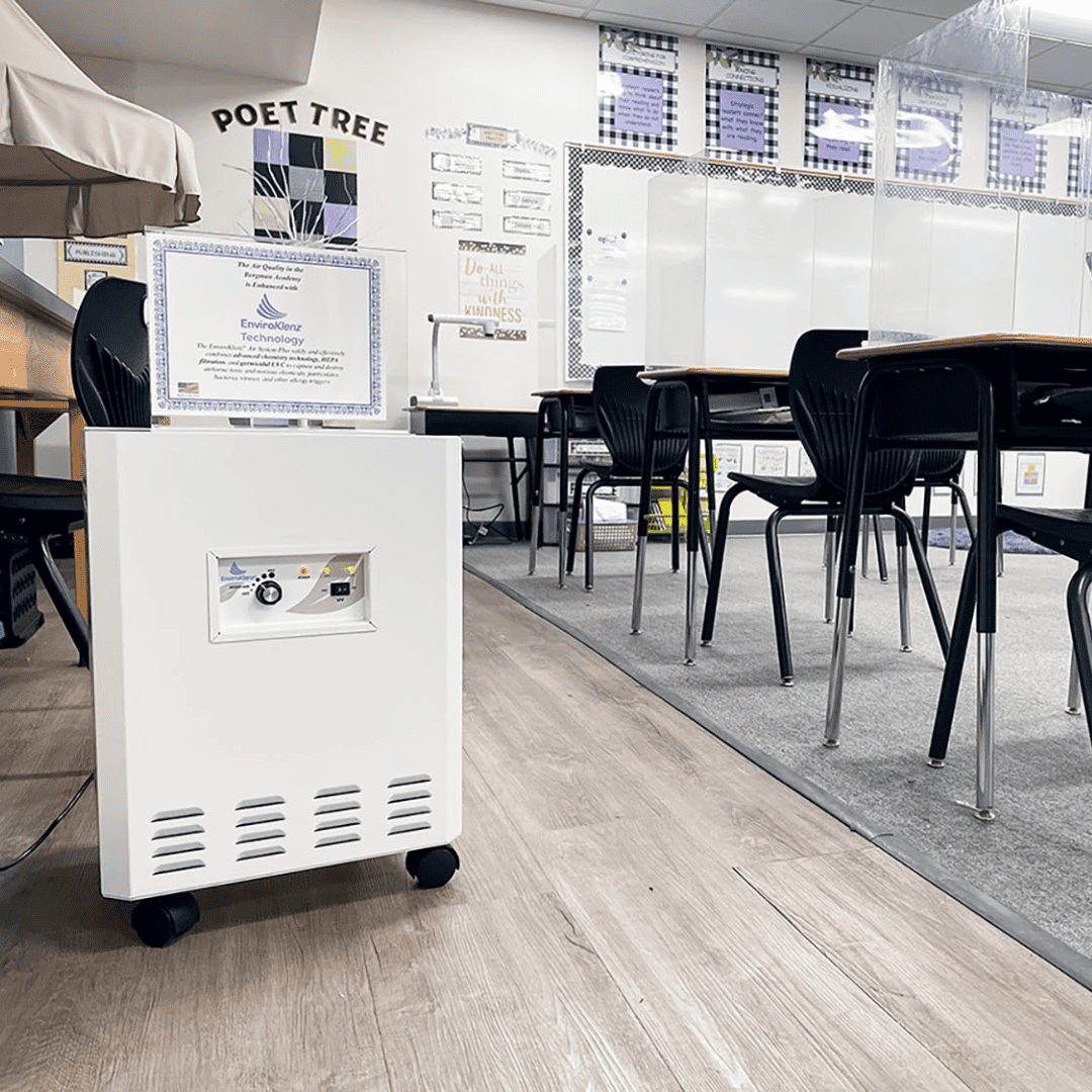EnviroKlenz Air System + Air Quality Monitor in a Class Room