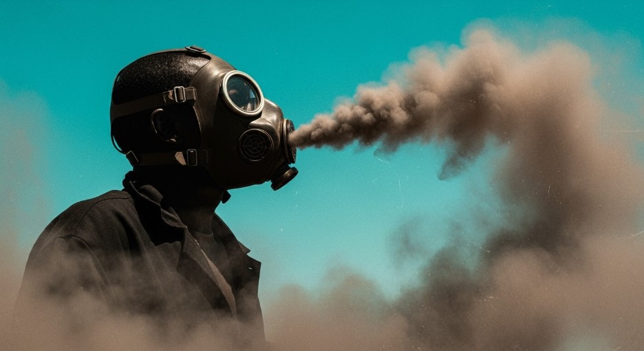 Man using a gas mask because of unsafe outdoor air quality conditions.