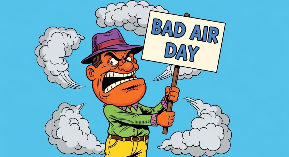 Cartoon image of a man holding a "bad air day" referring to the outdoor air quality conditions being unsafe.