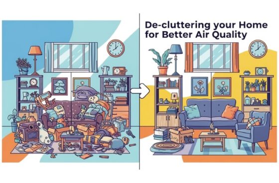 Split screen graphic of a cluttered home and a de-cluttered home to improve air quality